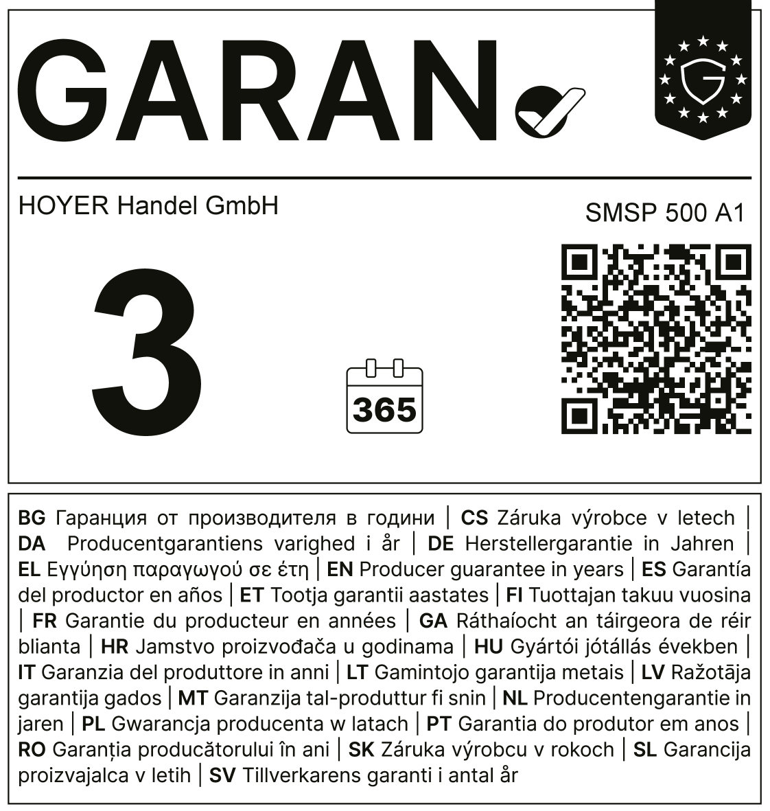 Jamstveni pečat: 3 godine, 365 dana, s QR kodom i informacijama o jamstvu na više jezika.