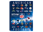 Logotipi timova američkog nogometa na plavoj pozadini s tekstom 'AMERICAN FOOTBALL'.