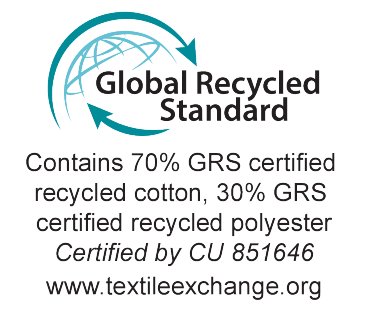 Pečat Global Recycled Standard: 70% GRS certificiranog recikliranog pamuka, 30% GRS certificiranog recikliranog poliestera. Certificirano od CU 851646.