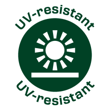 Tamnozeleni okrugli logotip s bijelim suncem i tekstom „UV-resistant“ na vrhu i dnu.