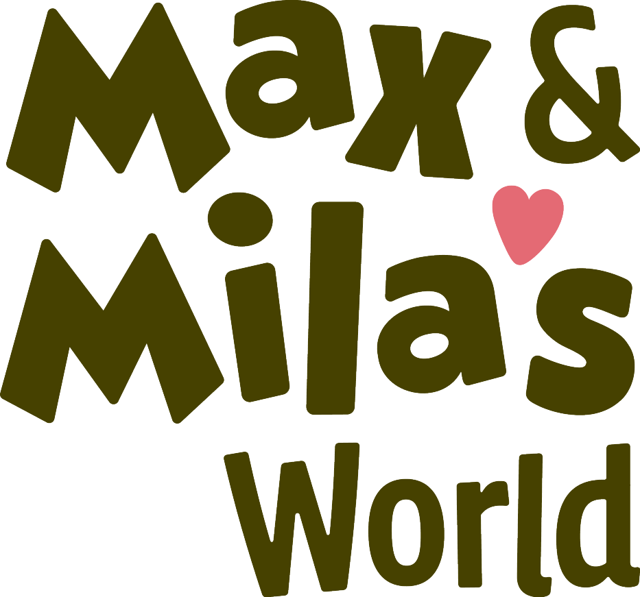 Logotip Max & Mila's World s ružičastim srcem.