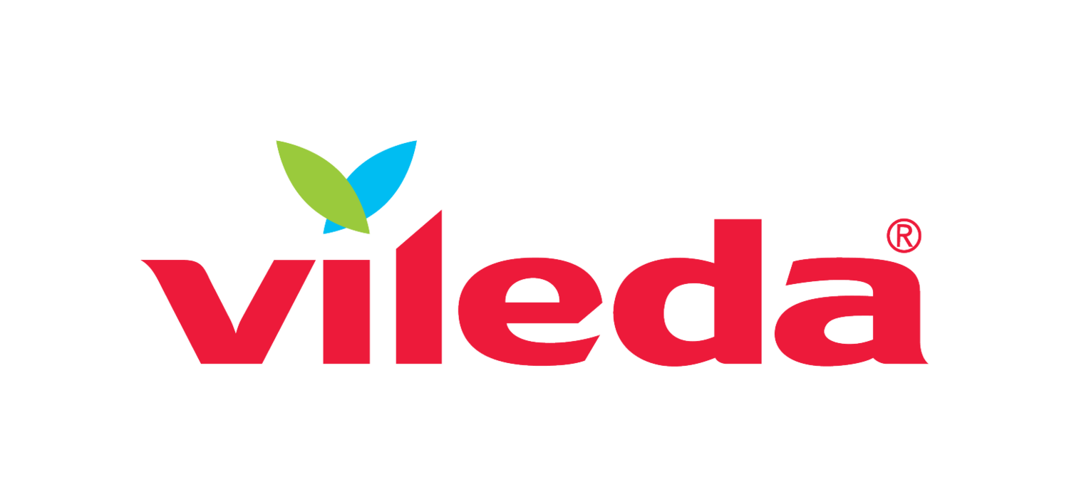 Vileda logo, crveni tekst sa zelenim i plavim listovima