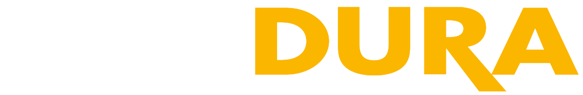 Logotip s riječju „DURA“ u narančastoj boji i bijelim dijelom lijevo.
