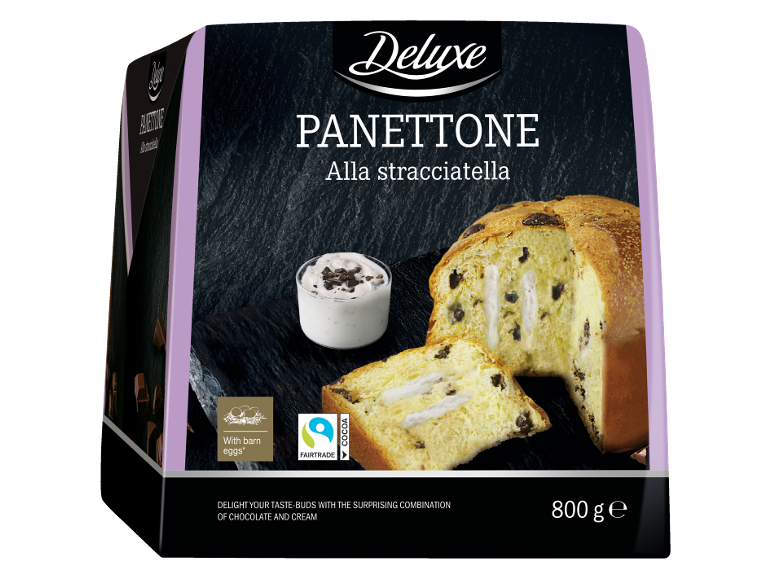 Panettone s čokoladom i kremom, s jajima iz podnog uzgoja i Fairtrade kakaom.
