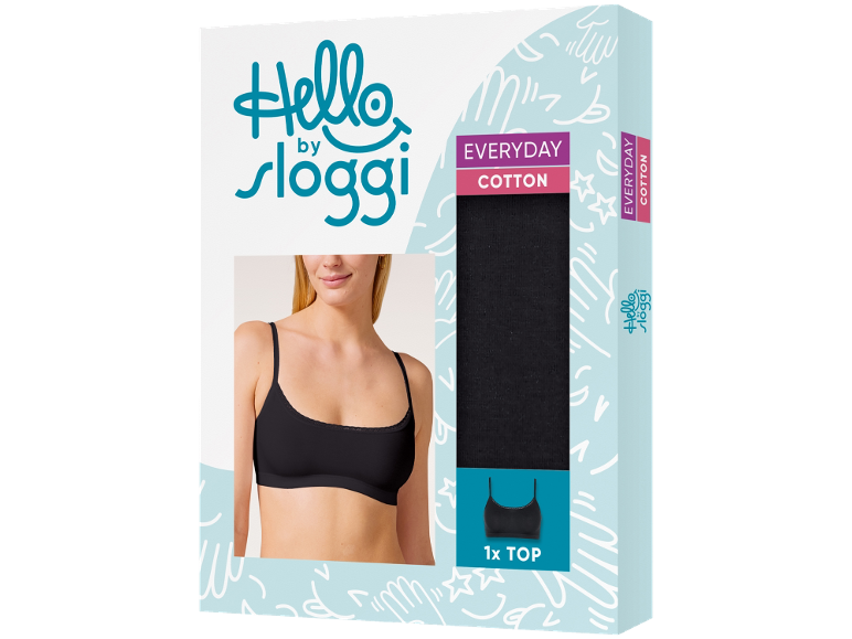 Kutija crnog pamučnog grudnjaka s modelom koji ga nosi i natpisom „EVERYDAY COTTON“.