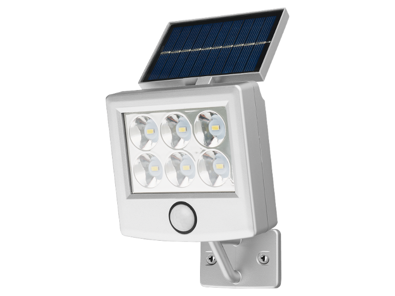 Srebrna solarna LED svjetiljka sa senzorom pokreta.