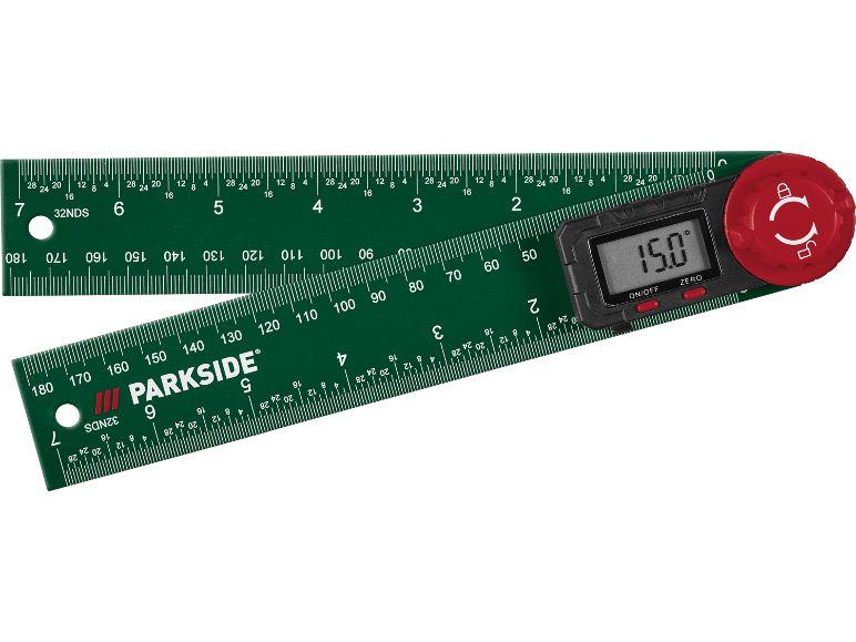 Sklopivi zeleni digitalni kutomjer s ravnalom i zaslonom koji prikazuje 15,0 stupnjeva.