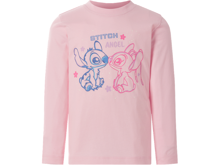 Ružičasta majica dugih rukava s printom Stitcha i Angela, s tekstom „STITCH ANGEL“.