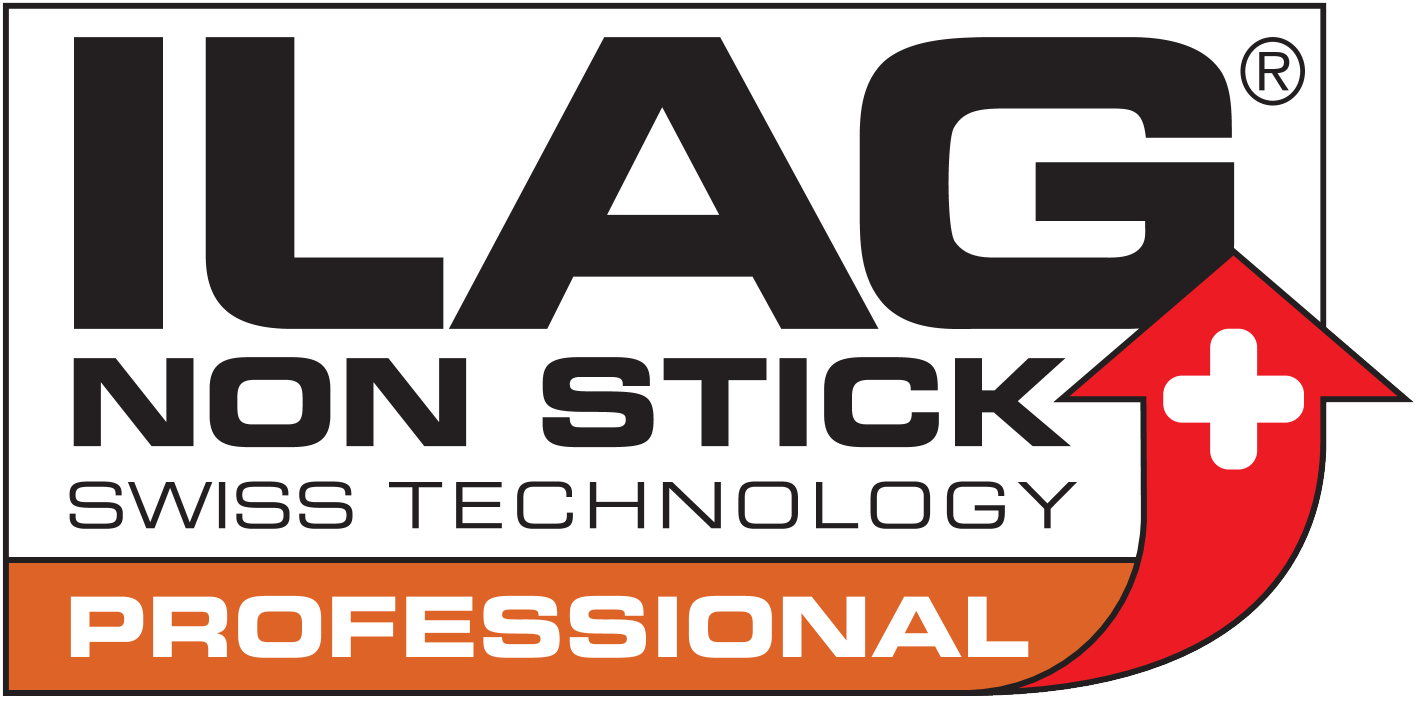 ILAG NON STICK SWISS TECHNOLOGY PROFESSIONAL pečat s crvenom strelicom i bijelim križem.