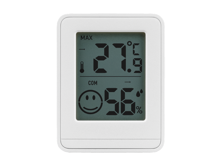 Bijeli digitalni termometar i higrometar s LCD zaslonom, prikazuje 27.9°C i 56% vlage.