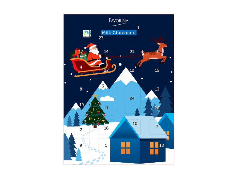 Božićni adventski kalendar s mliječnom čokoladom, Djedom Božićnjakom i sobom.