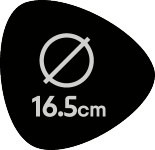 Crna značka s prekriženim krugom i tekstom „16.5cm“.