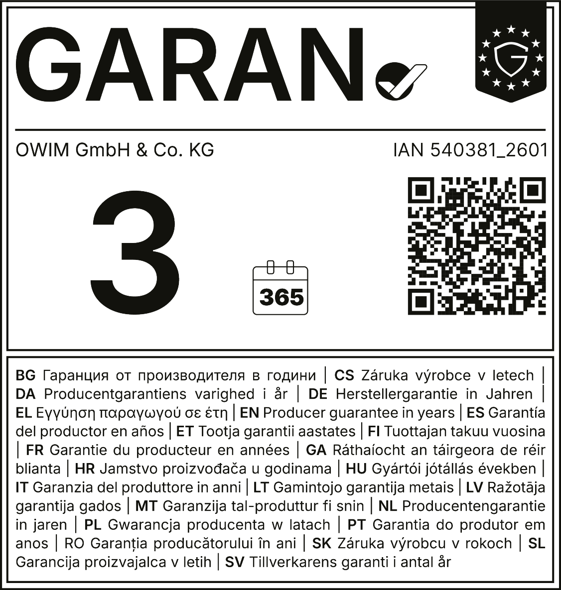 Jamstvo 3 godine, 365 dana, IAN 540381_2601, s QR kodom.