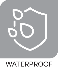 Ikona štita s kapljicama vode i tekstom „WATERPROOF“.