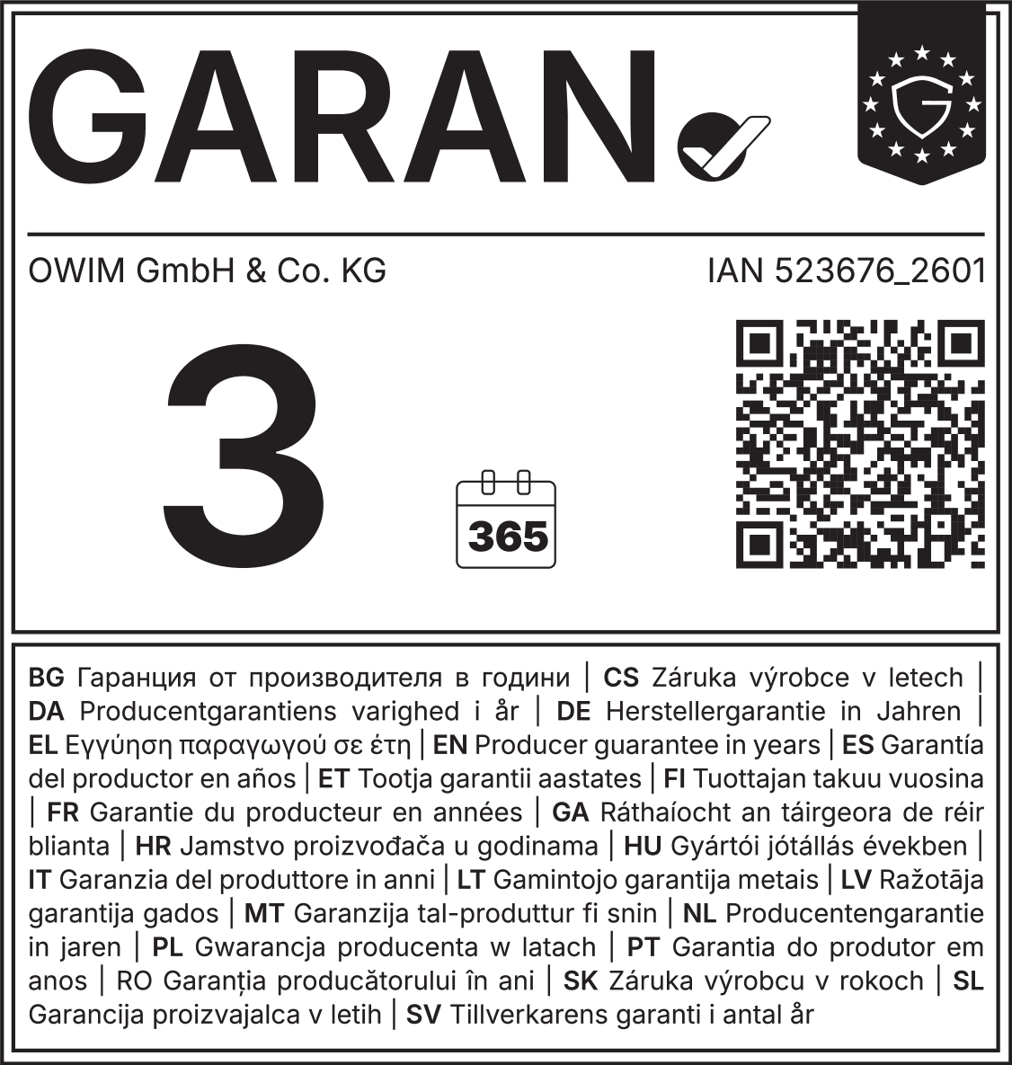 Jamstvo proizvođača: 3 godine (365 dana), IAN 523676_2601