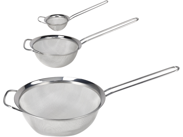 Set od tri metalna cjedila različitih veličina s ručkama.