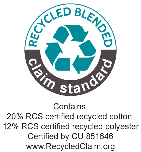 Pečat Recycled Blended Claim Standard: 20% recikliranog pamuka, 12% recikliranog poliestera. Certificirano od CU 851646.