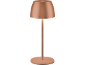 Bakrena stolna lampa s okruglim postoljem i sjenilom.