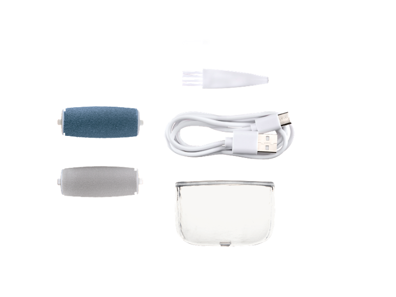 Dva valjka za rašpu za stopala, dvije četkice za čišćenje, USB kabel i prozirni zaštitni poklopac.