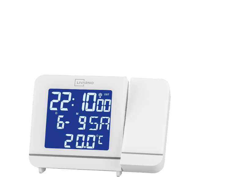 Bijeli digitalni projekcijski sat koji prikazuje vrijeme, datum i temperaturu.