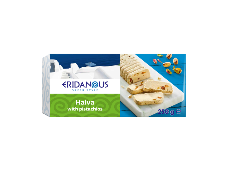Grčka halva s pistacijama, pakirana u kutiji s plavo-bijelim morskim krajolikom.