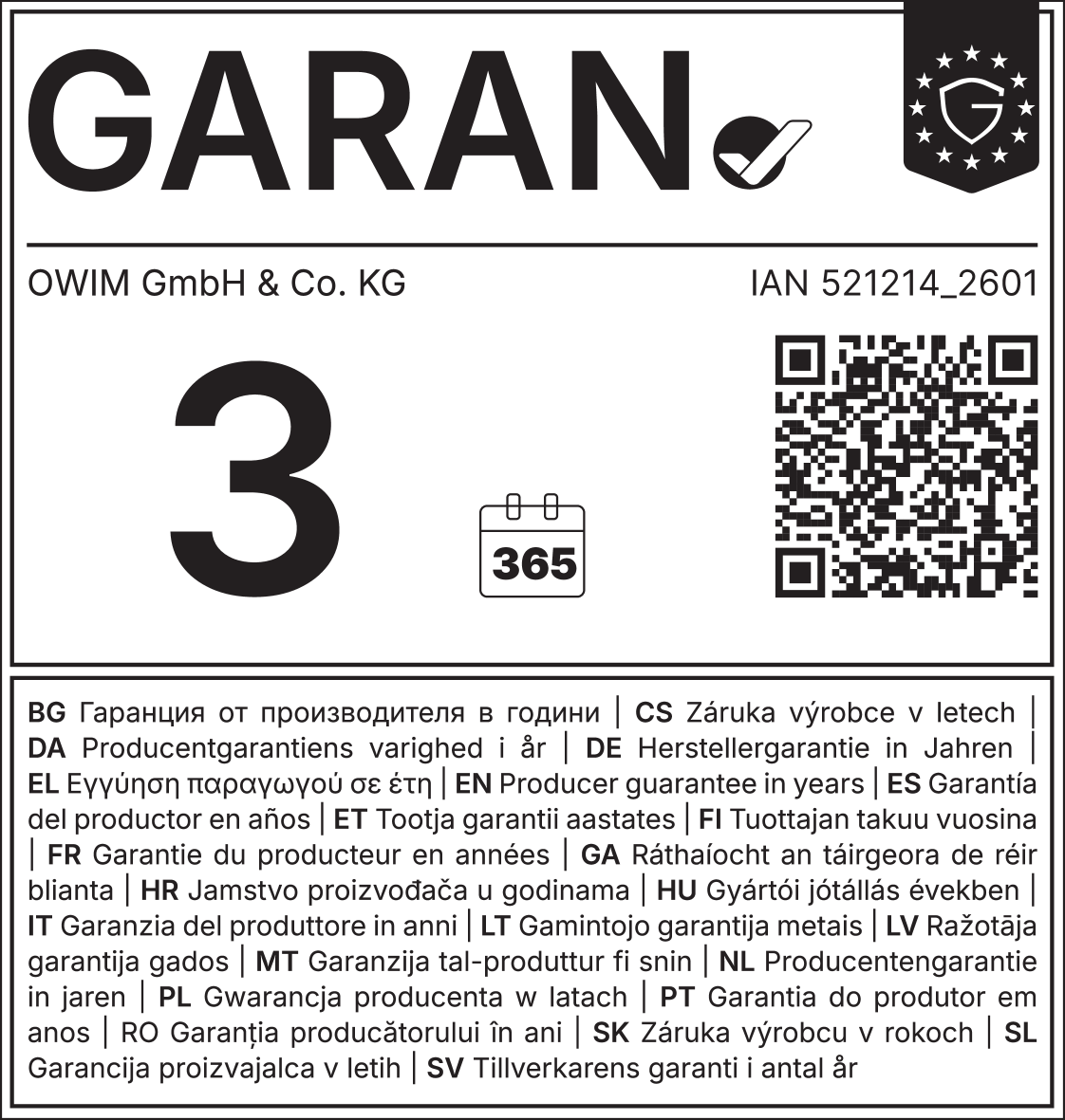 Pečat jamstva proizvođača na 3 godine (365 dana), IAN 521214_2601.