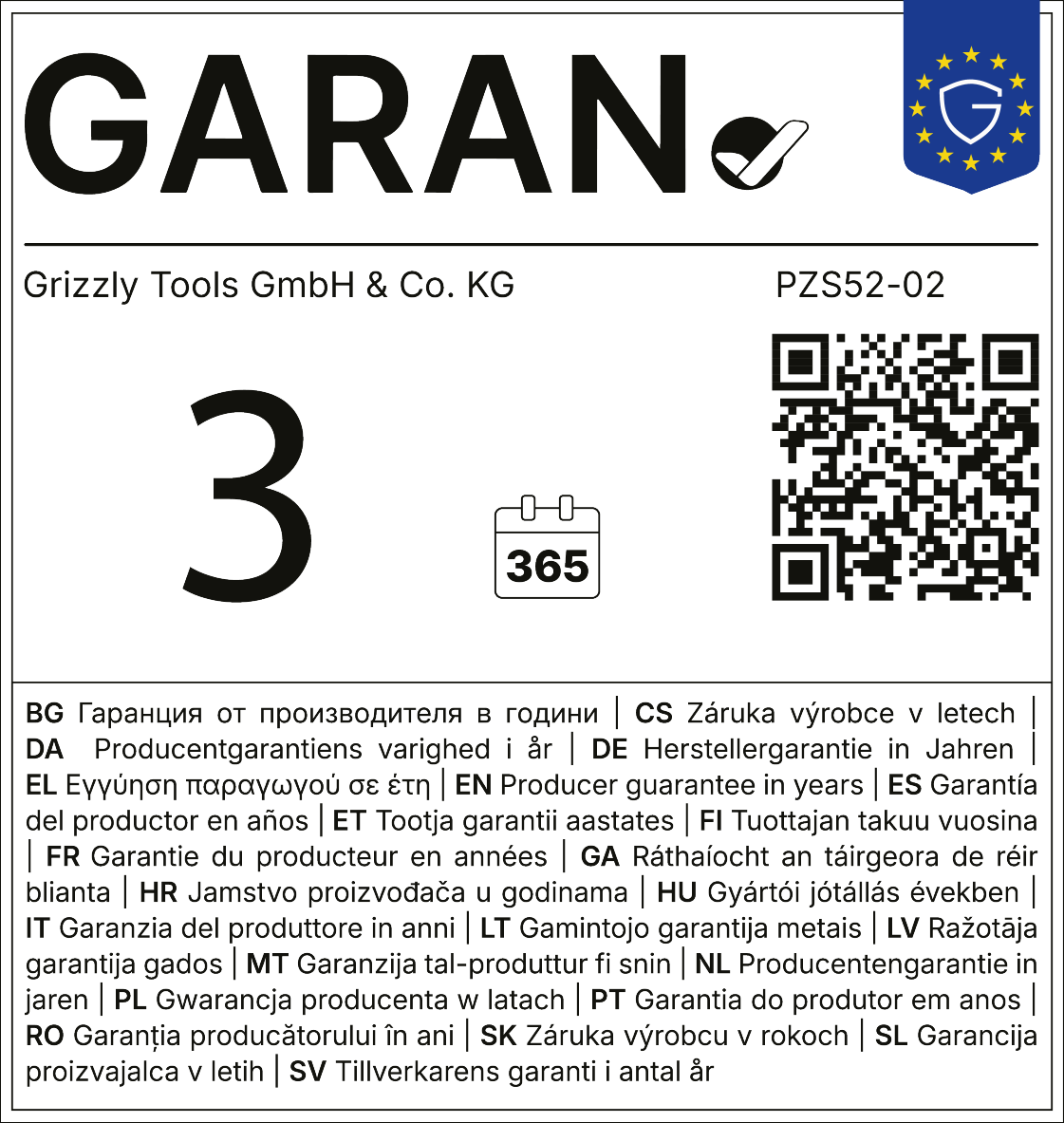 Jamstvo 3 godine, 365 dana, PZS52-02.