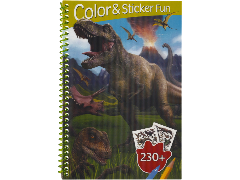 Knjiga za bojanje i naljepnice s dinosaurima, s više od 230 elemenata.