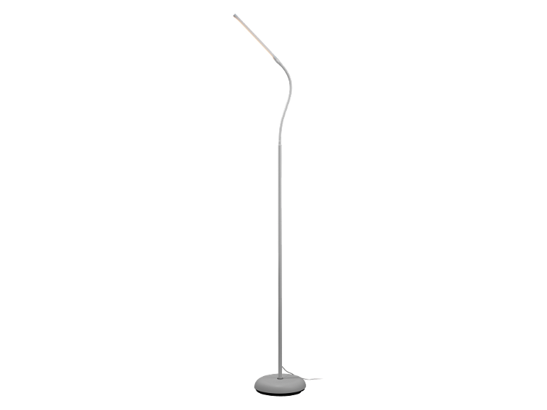 Bijela LED podna svjetiljka sa zakrivljenim vrhom i okruglom bazom.