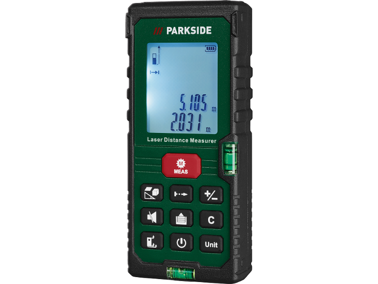 Laserski mjerač udaljenosti prikazuje 5.105m i 2.031m, s raznim funkcijskim gumbima.