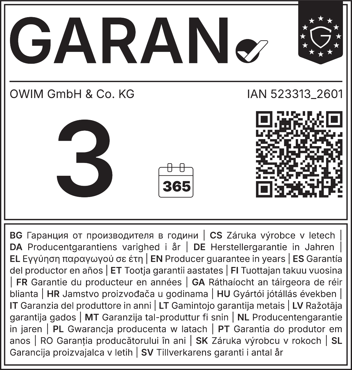 Jamstvo 3 godine, 365 dana, IAN 523313_2601