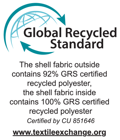Global Recycled Standard: vanjska tkanina 92% GRS certificirani reciklirani poliester, unutarnja tkanina 100% GRS certificirani reciklirani poliester. Certificirano od CU 851646.