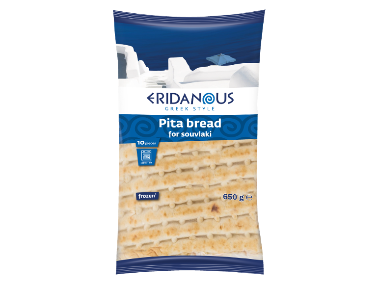Pakiranje smrznutog pita kruha za souvlaki, 10 komada, 650g, grčki stil.