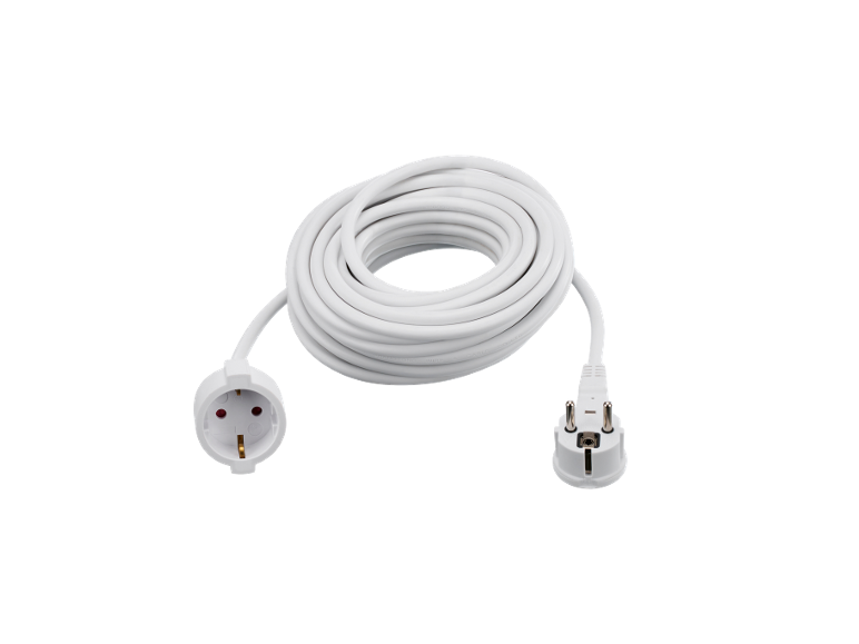 Bijeli produžni kabel s utikačem i utičnicom, namotan na crnoj pozadini.
