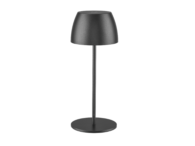 Tamnosiva, moderna, minimalistička stolna lampa sa sjenilom u obliku kupole i okruglim postoljem.