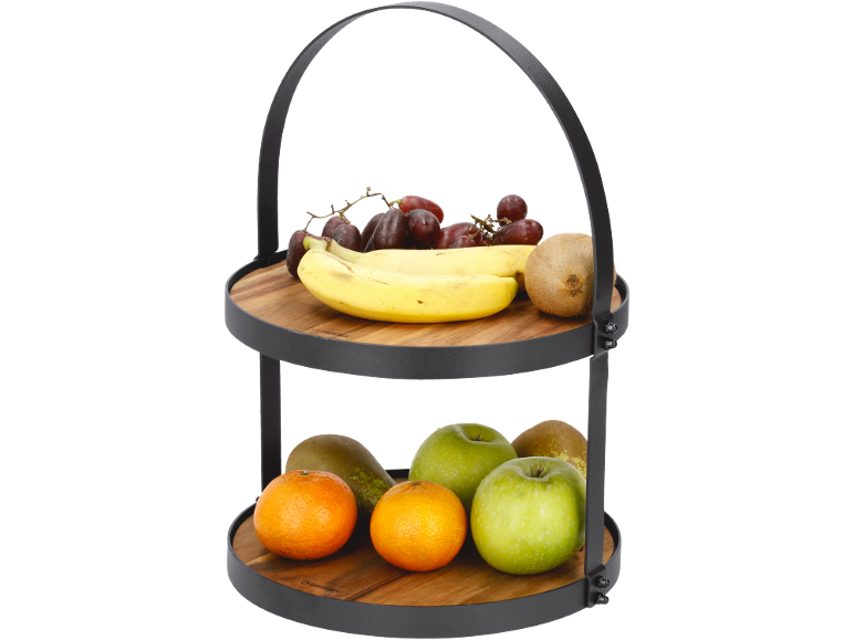 Dvoslojna košara za voće s bananama, grožđem, kivijem, narančama, kruškama i jabukama.