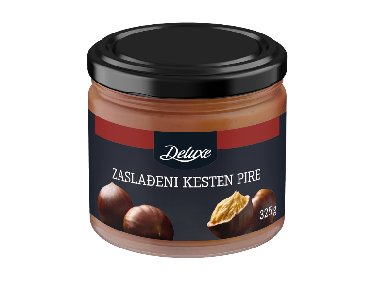 Staklenka zaslađenog kesten pirea, s kestenima i težinom 325g na etiketi.