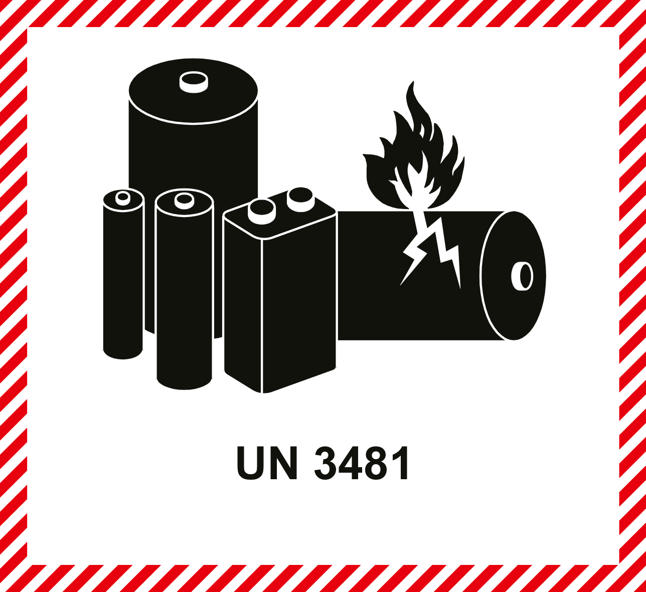 UN 3481 oznaka za opasne tvari, koja prikazuje zapaljive litijske baterije.