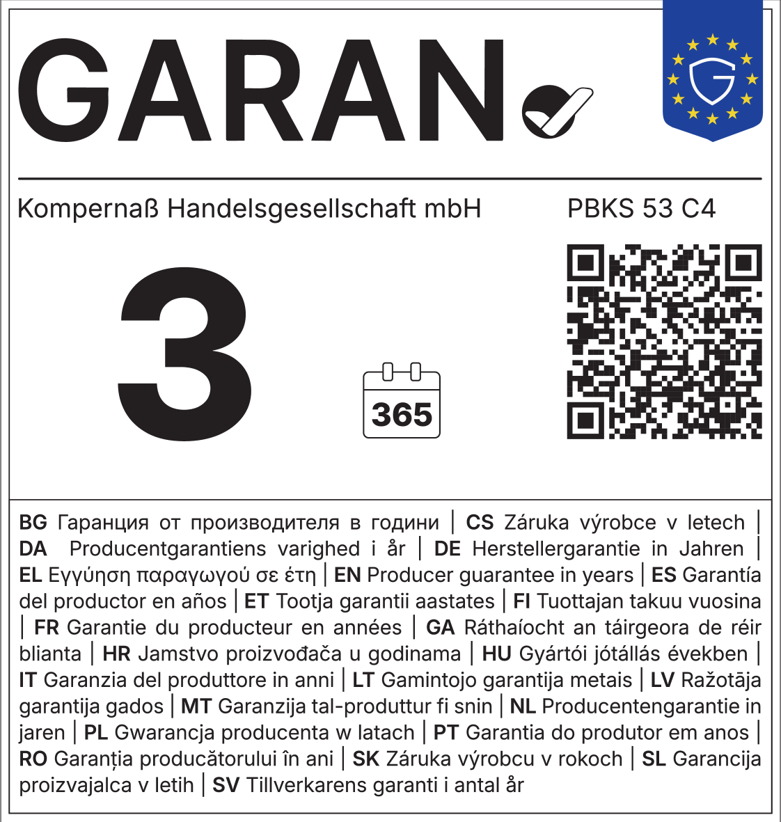 Jamstvo 3 godine, 365 dana. Jamstvo proizvođača u godinama.
