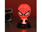 Crveno osvijetljena Spider-Man stolna lampa s logotipom na postolju.