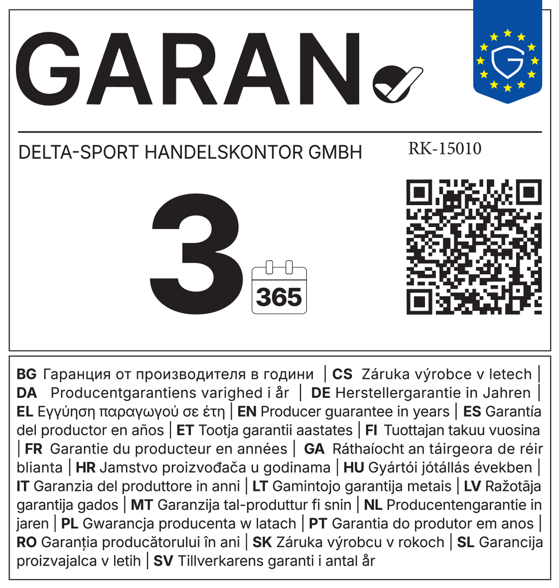 Jamstvo 3 godine (365 dana), jamstvo proizvođača u godinama.
