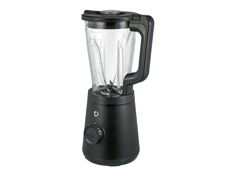 Crni stolni blender sa staklenom posudom i okretnim gumbom.