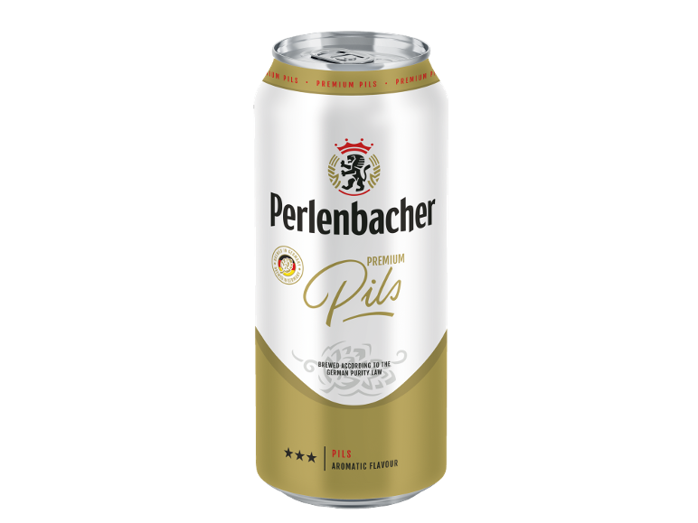 Bijela i zlatna limenka premium pils piva s tekstom
