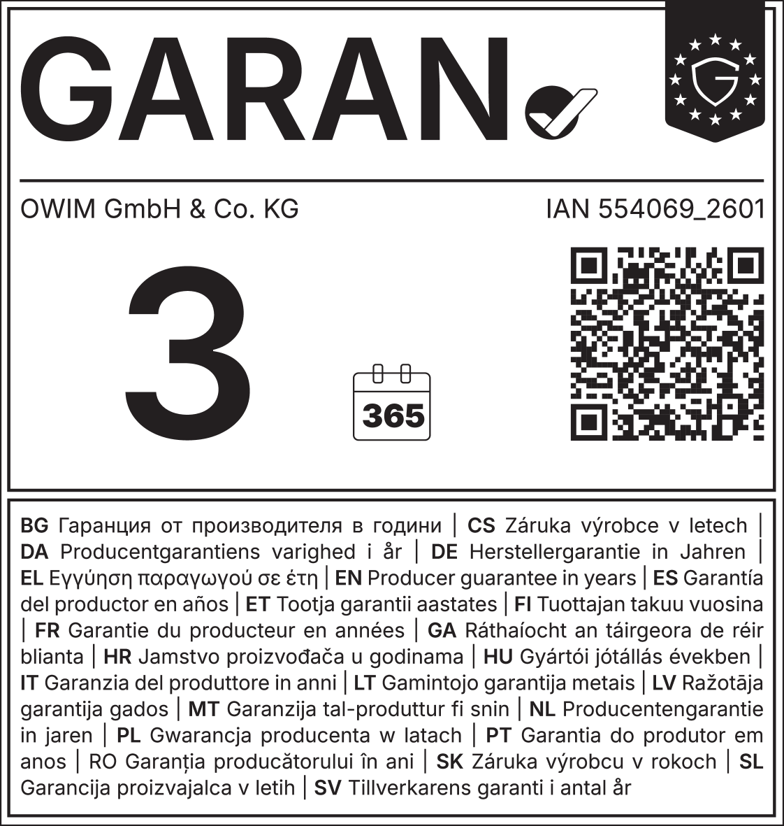 Jamstvo proizvođača 3 godine, 365 dana. IAN 554069_2601.