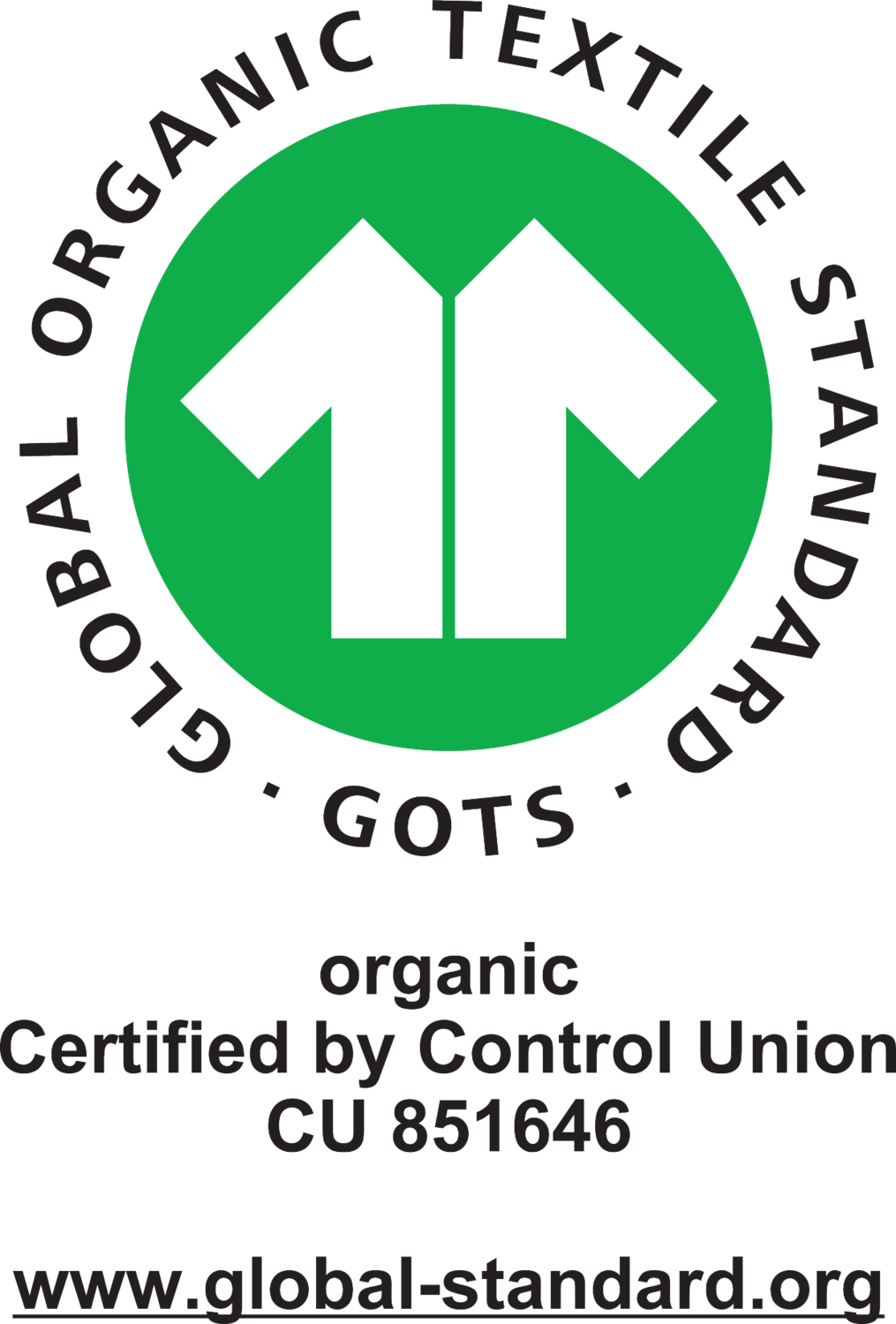 GOTS oznaka: GLOBAL ORGANIC TEXTILE STANDARD, certificirano od Control Union CU 851646.