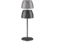 Siva stolna lampa s dva sjenila postavljena jedno iznad drugog.