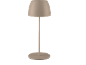 Moderna, minimalistička bež stolna lampa s kupolastim sjenilom i okruglim postoljem.