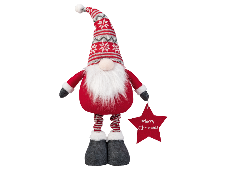 Božićni patuljak s crveno-bijelom pletenom kapom, bijelom bradom i zvijezdom s „Merry Christmas“.