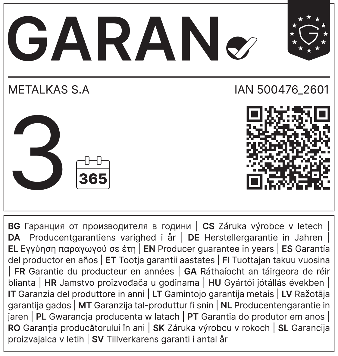 Jamstvo proizvođača: 3 godine (365 dana). IAN broj: 500476_2601.