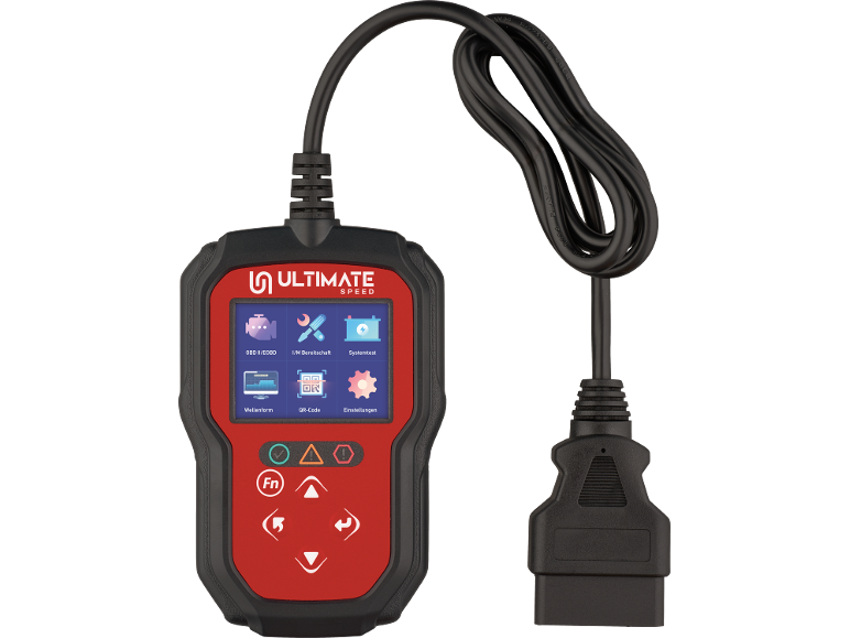 Alat za auto dijagnostiku sa zaslonom koji prikazuje razne funkcije poput OBD II/EOBD, Systemtest i Postavke.